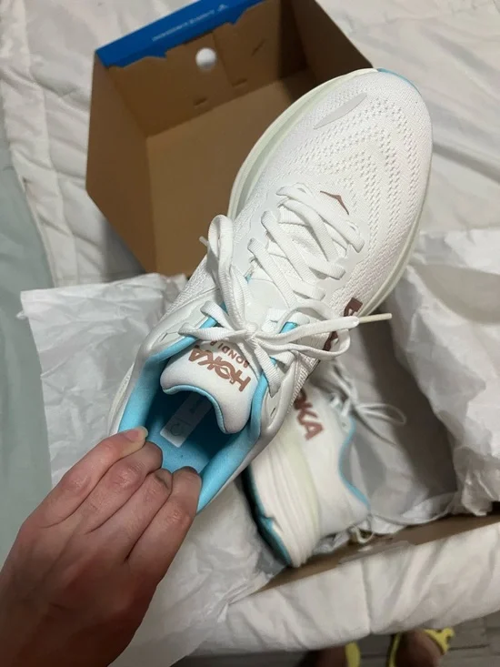 Hoka White Running Shoes with Light Blue and Rose Gold Accents - Picture 5 of 9